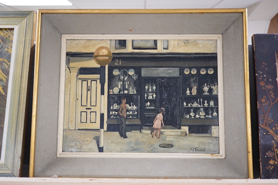 Frederick James Timbrell (1905-1992), oil on board, ‘The Silver Shop’, signed, various labels including The Royal Institute of Oil Painters inscribed label verso, 29.5 x 40cm. Condition - fair to good